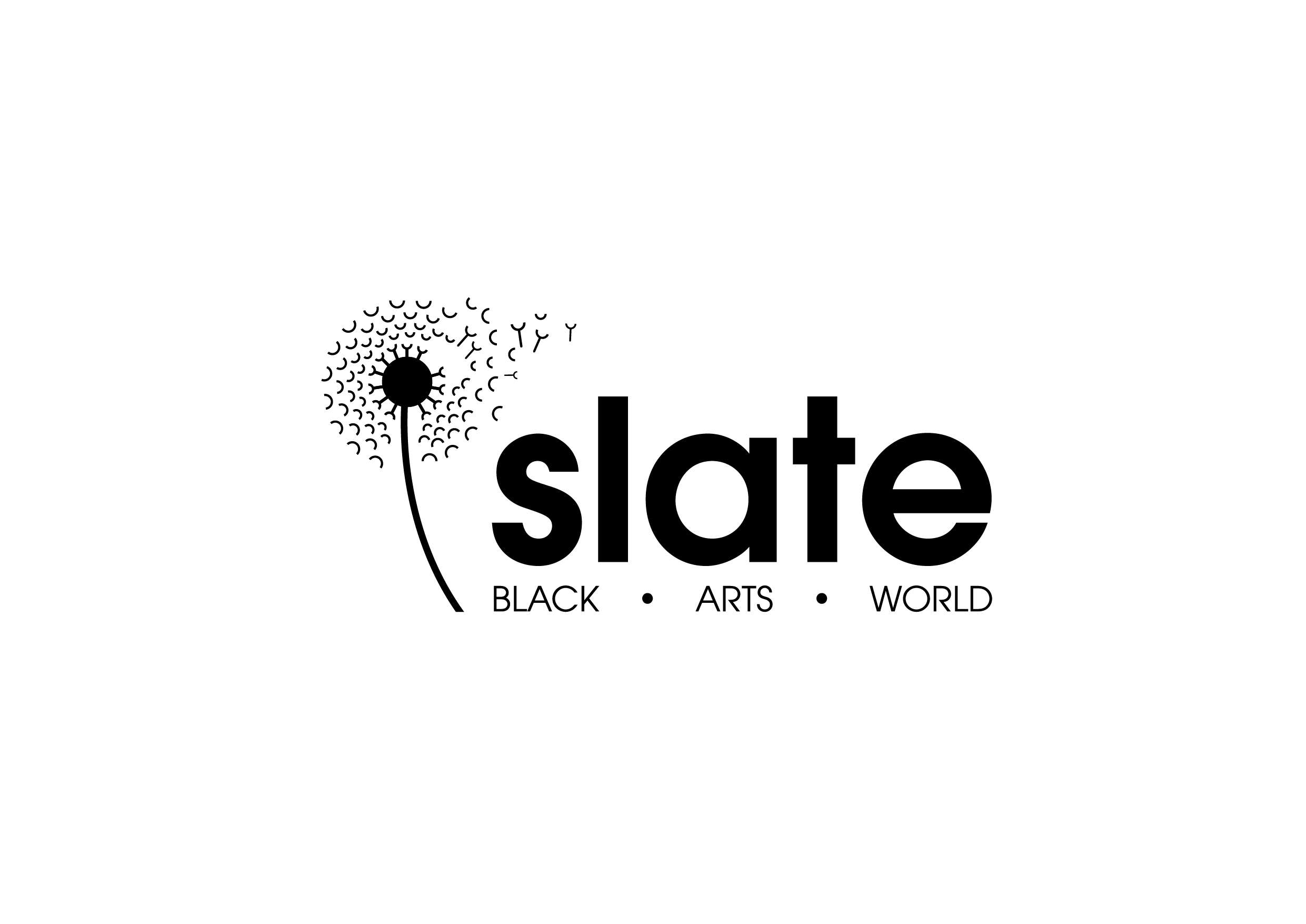 A dandelion is at the left of slate text with words underneath: Black, Arts, World
