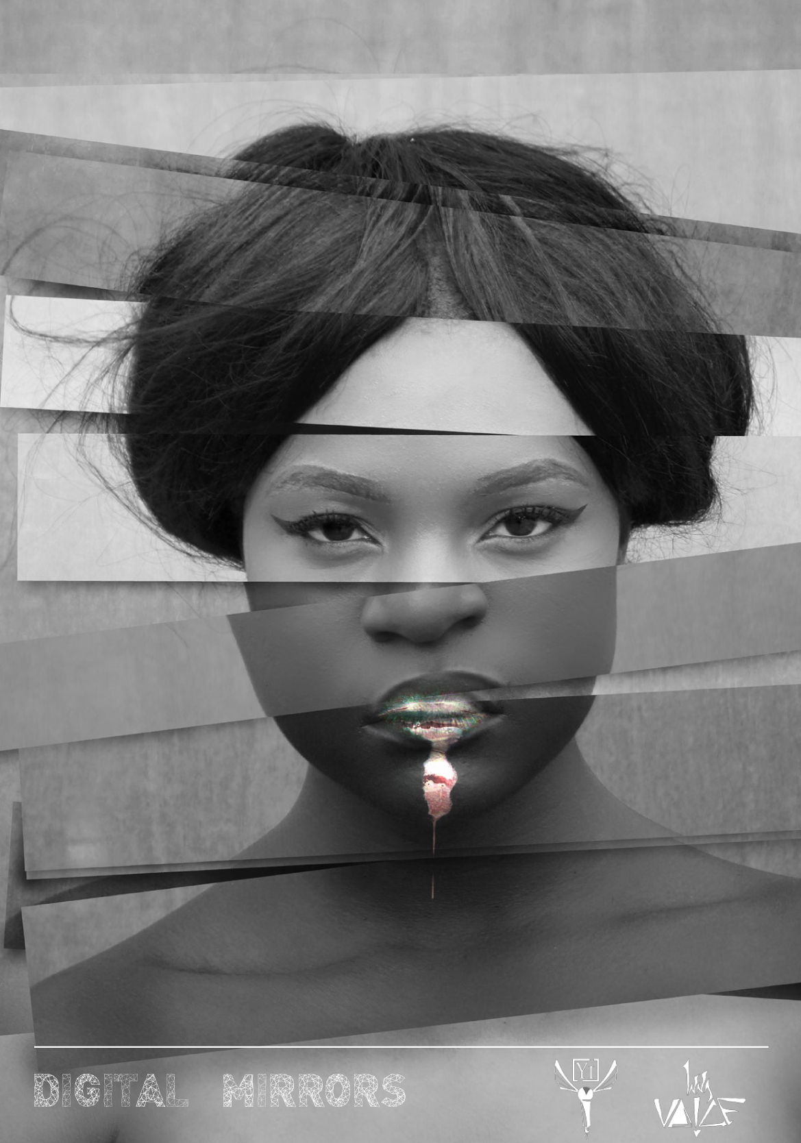 Image of woman whose face has been split into layers in greyscale. Her lips are glowing. The logo for Young Identity and Inna Voice are on the bottom. Image Credit: Gary Sikhosana