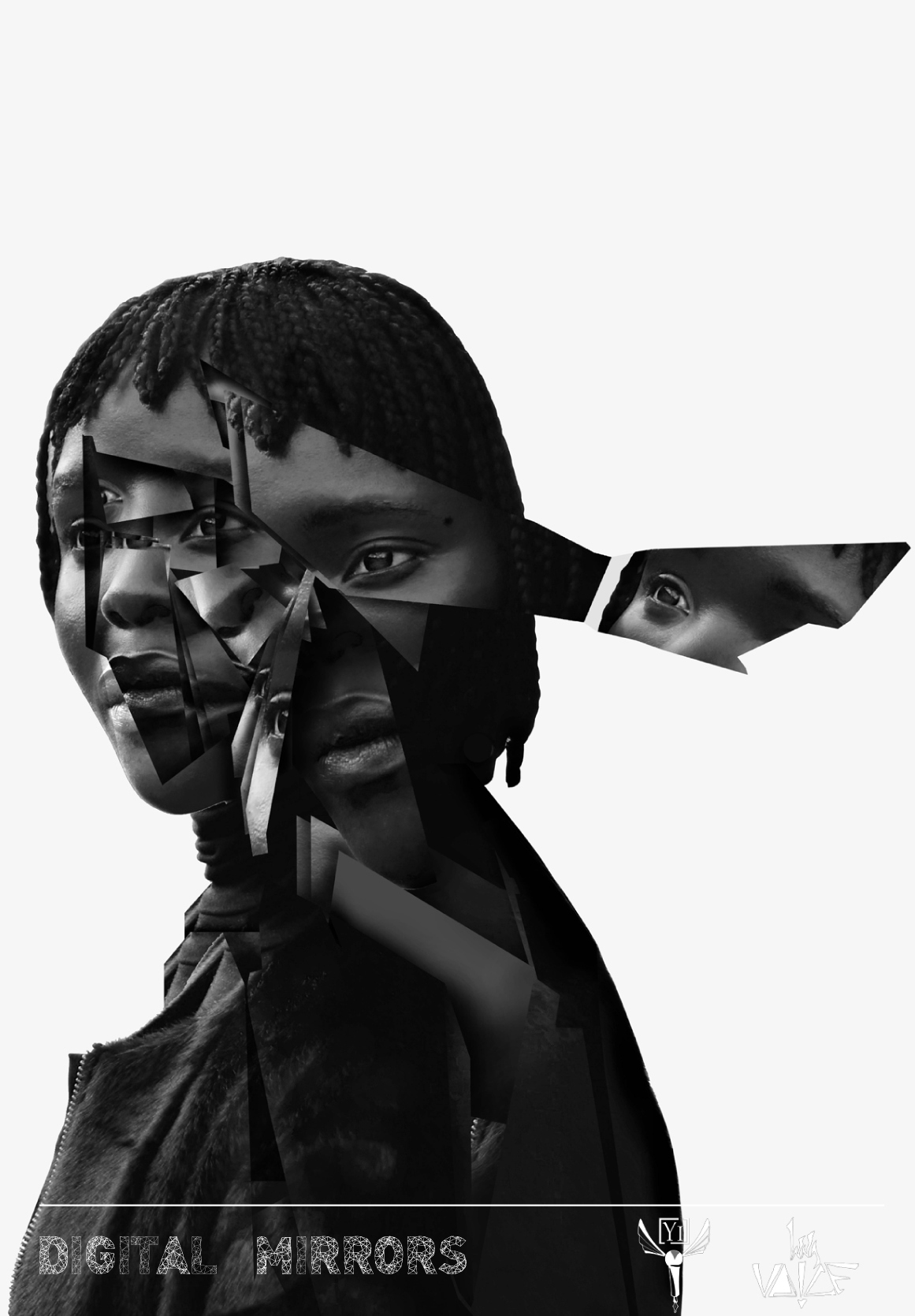 A image of a black woman. Her face is shattered to resemble a broken mirror. Image Credit: Gary Sikhosana