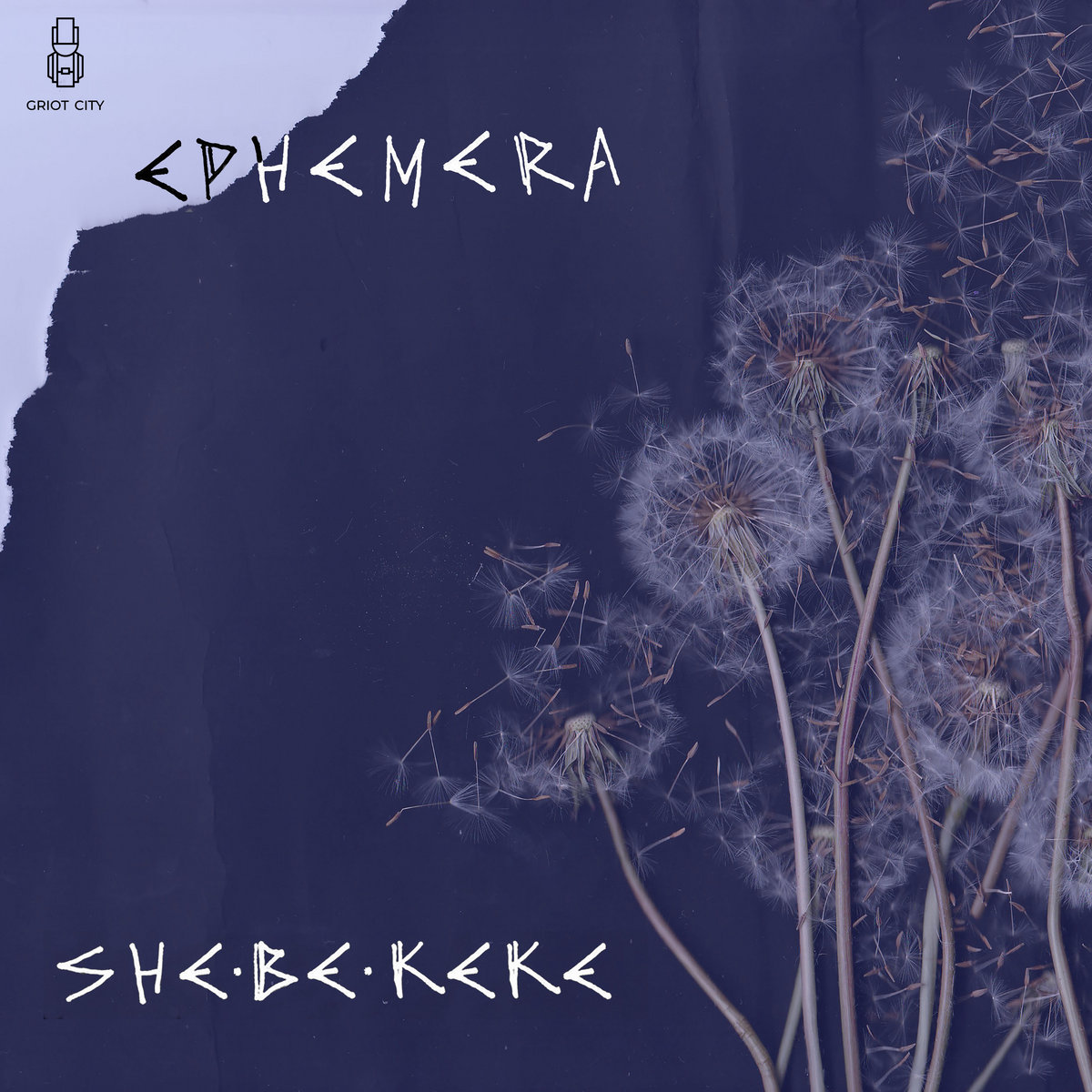 Front cover of Ephemera album. Dried dandelion flowers in front of a dark blue back ground. The Griot City logo is on the top left. Image Credit: Keisha Thompson