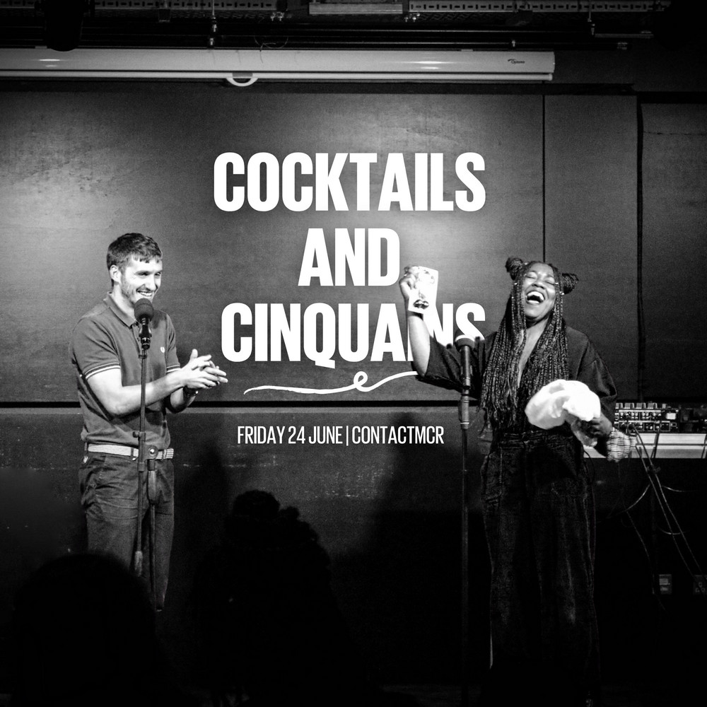 Keisha and Rory are in front of microphones on stage. They are laughing. Between them is text - Cocktails and Cinquains